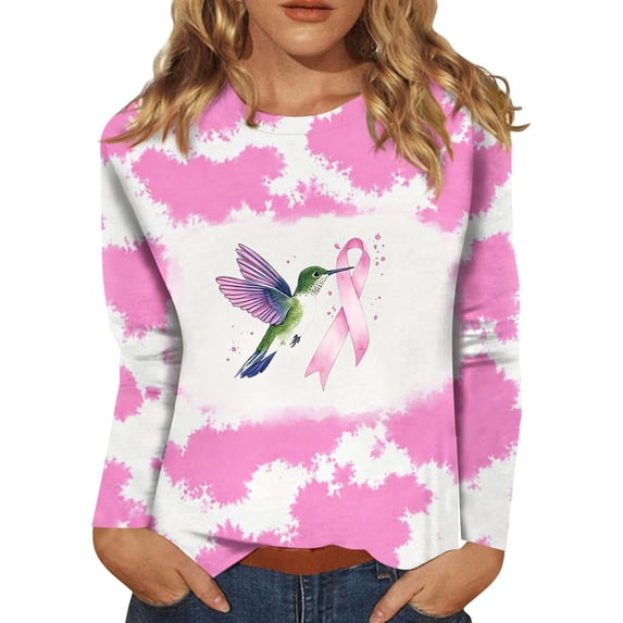 DORKASM Women's Breast Cancer Shirts Crew Neck Cancer Survivor Tee Long Sleeve Pink Ribbon Casual Breast Cancer Awareness Tshirt Gifts Comfy Shirt Red M