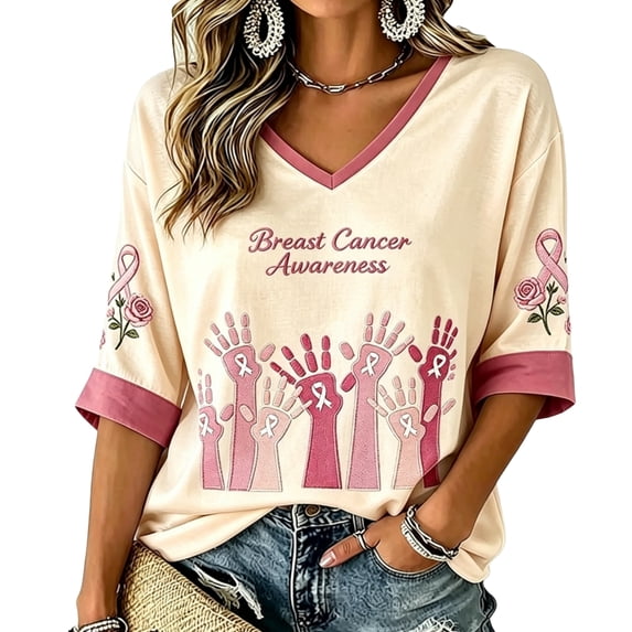 DORKASM Women's Breast Cancer Shirts V Neck Cancer Survivor Tops 3/4 Sleeve Hope Love Wings Casual Breast Cancer Awareness Shirt Gifts Soft Shirts Beige M