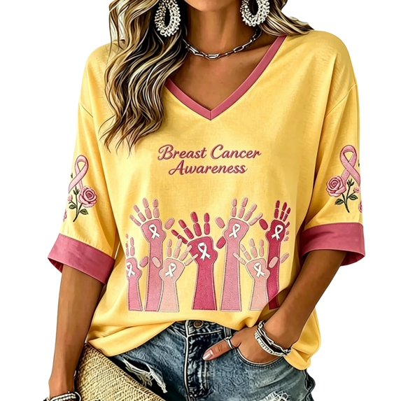 DORKASM Women's Breast Cancer Shirts V Neck Gifts Shirts 3/4 Sleeve Cancer Survivor Lounge Pink Ribbon Tee Hope Love Wings Comfy Tops Yellow L
