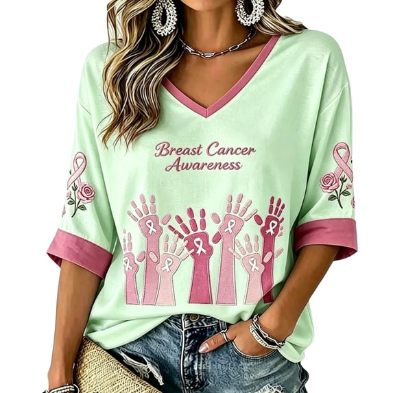 DORKASM Women's Breast Cancer Shirts V Neck Pink Ribbon Shirts 3/4 Sleeve Cancer Survivor Casual Breast Cancer Awareness Tee Gifts Fashion Tshirt Green 3XL