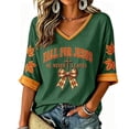 thumbnail image 1 of DORKASM Women's Fall for Jesus He Never Leaves Christian T-Shirt | Autumn Faith Graphic, Bible Verse Print, V-Neck Style Green M, 1 of 2