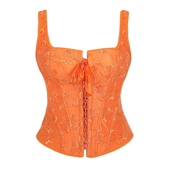 DORKASM Women's Floral Corset Embroidered Lace Up Square Neck Crop Tank Top Orange XL