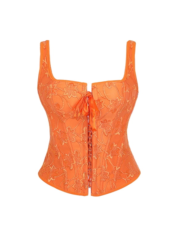 Women's Floral Corset Embroidered Lace Up Square Neck Crop Tank Top Orange XL