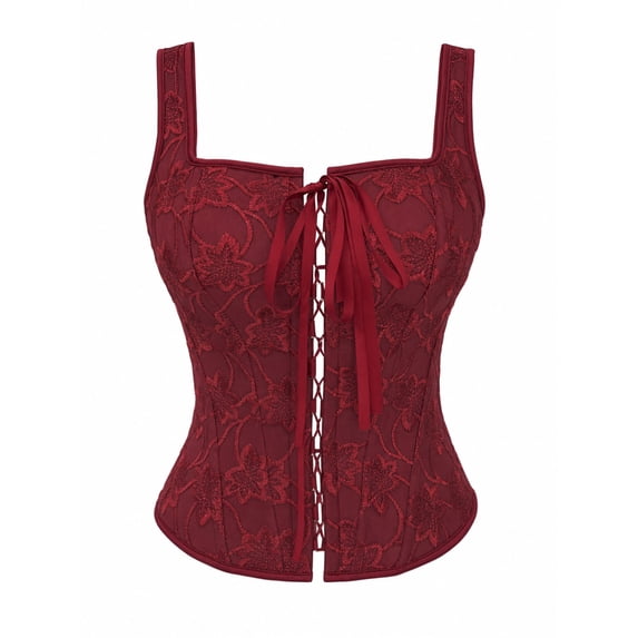 DORKASM Women's Floral Corset Embroidered Lace Up Square Neck Crop Tank Top Wine XL