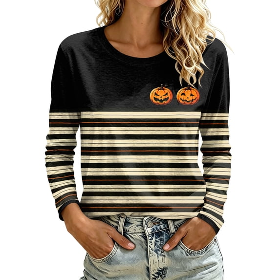DORKASM Women's Halloween Costumes Crew Neck Pumpkin Trendy Sweatshirt Long Sleeve Skeleton Ghost Graphic Fall Winter T Shirt Spooky 2026 Causal Tshirt Beige L