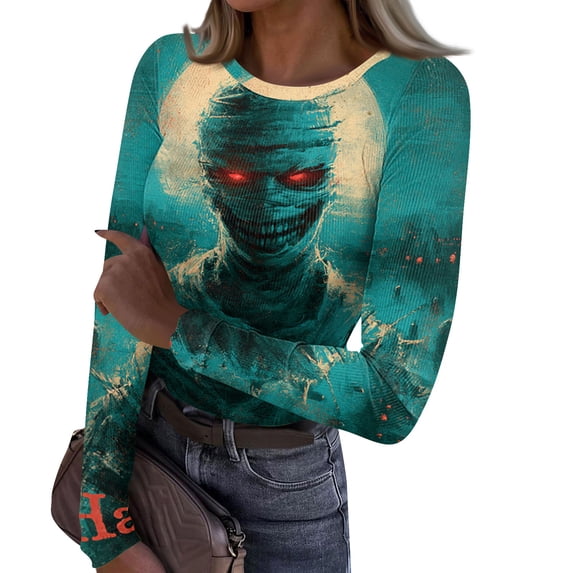 DORKASM Women's Halloween Costumes Long Sleeve Pumpkin Loose Blouse Crew Neck Spooky Skeleton Fall Winter T Shirt Funny Print 2026 Comfy Pullover Green M