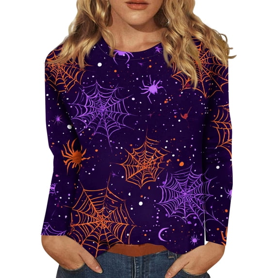 DORKASM Women's Halloween Shirts Long Sleeve Skeleton Trendy Pullover Round Neck Ghost Graphic Pumpkin 2026 Shirt Spooky Vacation Loose Sweatshirt Dark Purple 2XL