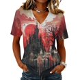 thumbnail image 1 of DORKASM Women's Halloween Shirts V Neck Funny Print Fashion Tops Short Sleeve Spooky Ghost Graphic 2026 Blouse Skeleton Fall Winter Causal T Shirt Red S, 1 of 5