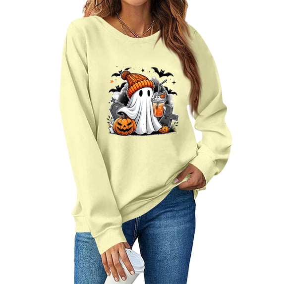 DORKASM Women's Halloween Sweatshirt Long Sleeve Comfy Loose Fit Spooky Hoodies Crew Neck Funny Cute Fashion Fall Pumpkin Tops 2026 Funny Print Sweatshirt Beige M