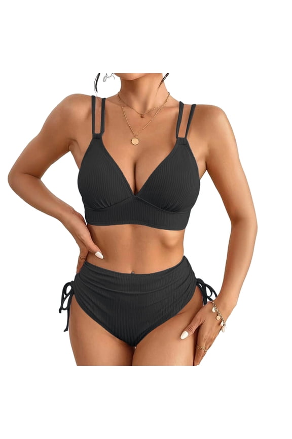 Women's High-Waisted Two-Piece Bikini with Ribbed Texture & Padded Top, Slimming Swimwear Black M