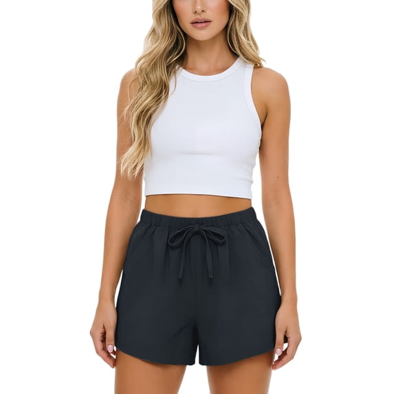 DORKASM Women's Linen Drawstring Shorts High Waisted 4" Inseam Summer Shorts Black S