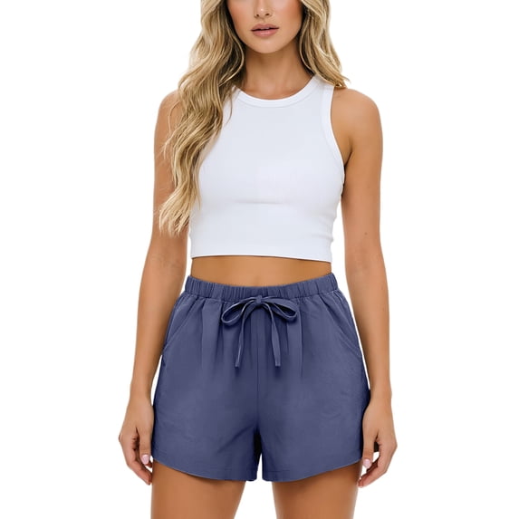 DORKASM Women's Linen Drawstring Shorts High Waisted 4" Inseam Summer Shorts Dark Blue M