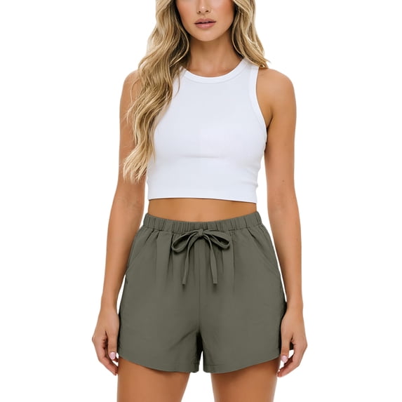 DORKASM Women's Linen Drawstring Shorts High Waisted 4" Inseam Summer Shorts Dark Green L