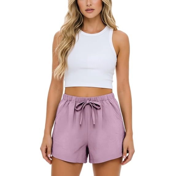 DORKASM Women's Linen Drawstring Shorts High Waisted 4" Inseam Summer Shorts Purple L