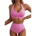 thumbnail image 1 of DORKASM Women's Pink Striped Bikini Set – High-Waisted Bottom & Cross-Front Top, Retro Beachwear Hot Pink M, 1 of 6