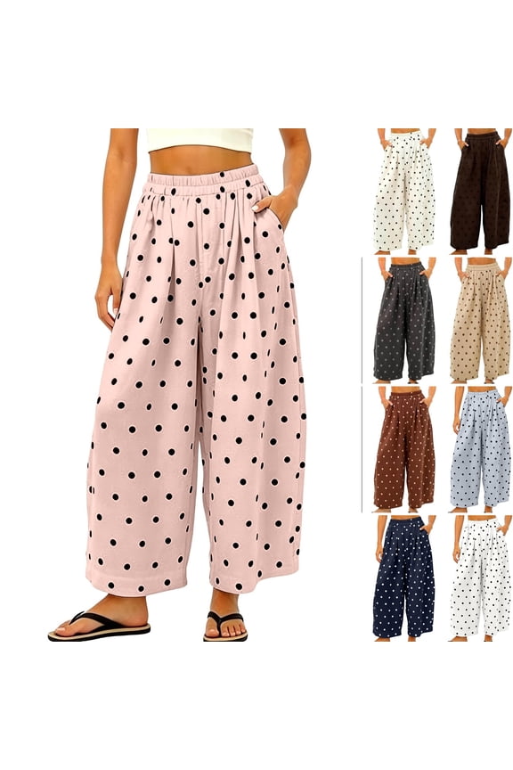 Women's Polka Dot Pants High Waist Loose Fit Comfy Linen Pants Wide Barrel Leg Elastic Waist Boho Comfort Clothes Trendy Trousers with Pockets Pink 2XL