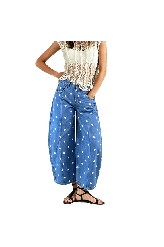 Women's Polka Dot Pattern Barrel Jeans Low Rise Beach Boyfriend Streetwear Ruched Flowy Summer Trousers Fashion Vintage Pants with Pockets Blue XL