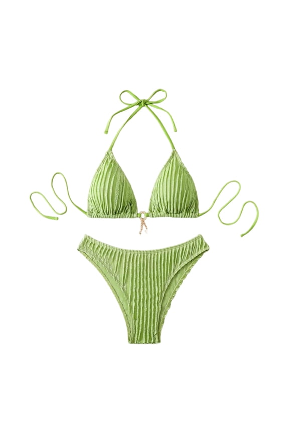 Women's Ribbed Mint Bikini Set – Top & High-Waisted Bottom, Light Green Summer Swimwear Green M