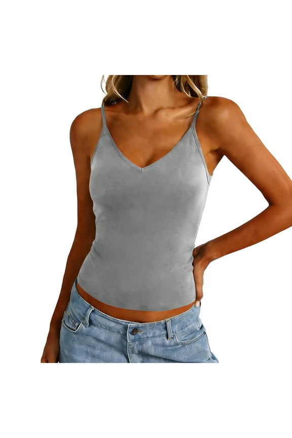 Women's Shelf Bra Tank Tops Spaghetti Strap Cami Tank Cotton Undershirts Summer V-Neck Camisole Yoga Exercise Tops Gray M