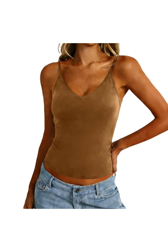 Women's Shelf Bra Tank Tops Spaghetti Strap Cami Tank Cotton Undershirts Summer V-Neck Camisole Yoga Exercise Tops Light Brown XL