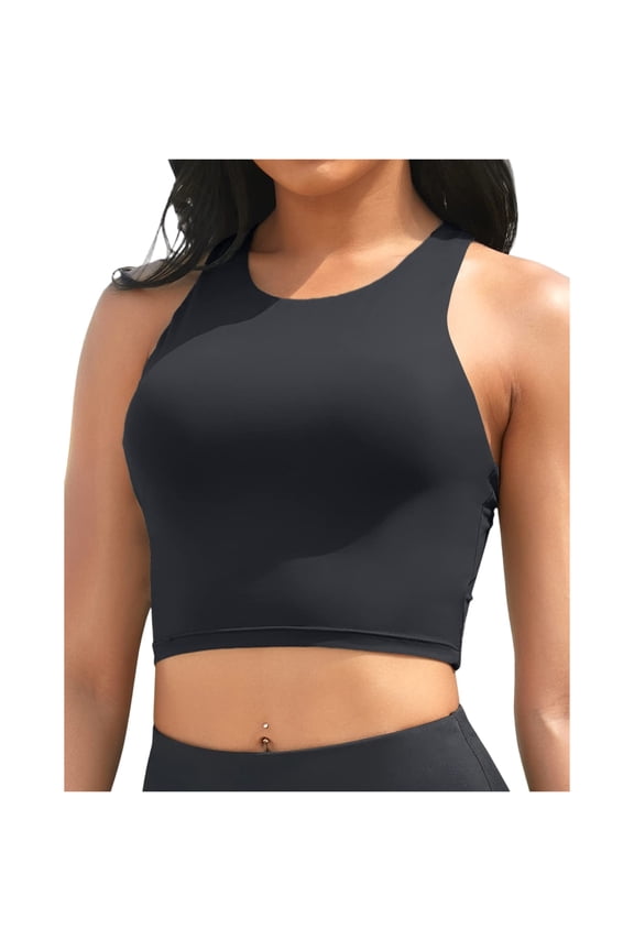 Women's U-Neck Sleeveless Crop Top Swim Bra - Stylish & Supportive Swimwear Black L