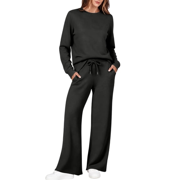 DORKASM Womens 2 Piece Sets Mock Neck Long Sleeve Tops Wide Leg Pants Lounge Set Vacation Travel Fall Outfits Tracksuit Black L