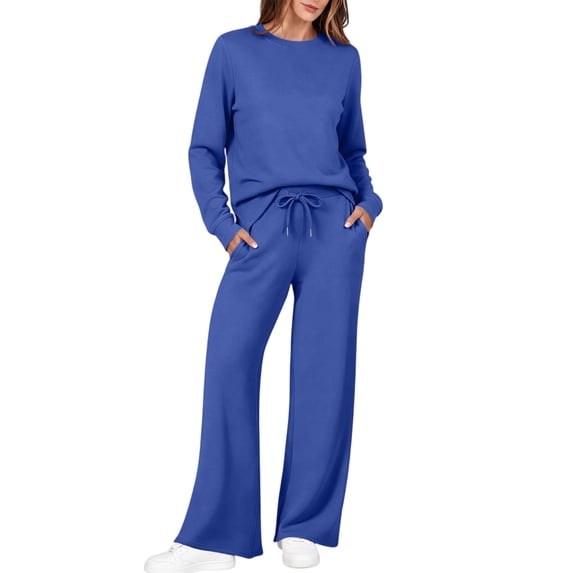 DORKASM Womens 2 Piece Sets Mock Neck Long Sleeve Tops Wide Leg Pants Lounge Set Vacation Travel Fall Outfits Tracksuit Blue M