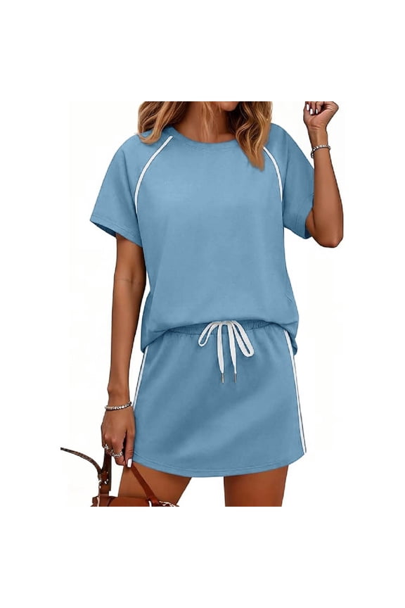 Womens 2 Piece Skirt Sets Summer Tennis Skort And Short Sleeve Tops Lounge Set Vacation Workout Matching Outfits Blue L