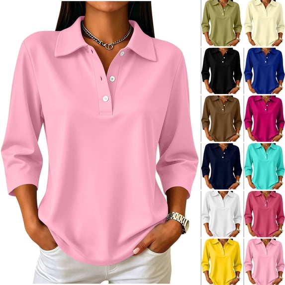 DORKASM Womens 3/4 Sleeve Tops Crew Neck Lightweight Basic Tshirt Button Down Solid Color Fall Beach Tops 2026 Loose Fit Trendy Polo Shirts Pink 3XL