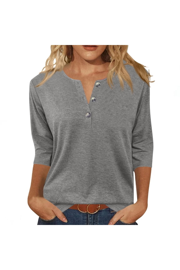 Womens 3/4 Sleeve Tops V Neck Loose Fit Trendy T-Shirts Solid Color Beach 2026 Tshirt Button Down Basic Summer Tops Gray M