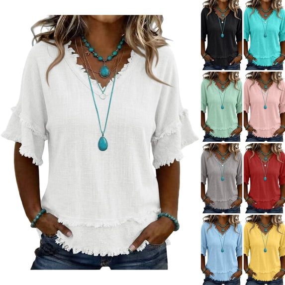 DORKASM Womens Boho Tops Short Sleeve Solid Color Shirt V Neck Y2k Breathable Comfy Tees Loose Fit Lounge Tshirt White XL