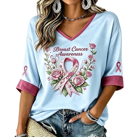 DORKASM Womens Breast Cancer Shirts 3/4 Sleeve Breast Cancer Awareness Tops V Neck Pink Ribbon Comfy Gifts Tshirt Hope Love Wings Soft Shirts Blue 2XL
