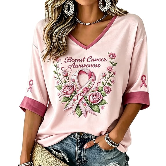 DORKASM Womens Breast Cancer Shirts 3/4 Sleeve Cancer Survivor Shirt V Neck Breast Cancer Awareness Fashion Hope Love Wings Shirts Gifts Trendy Tee Pink 2XL