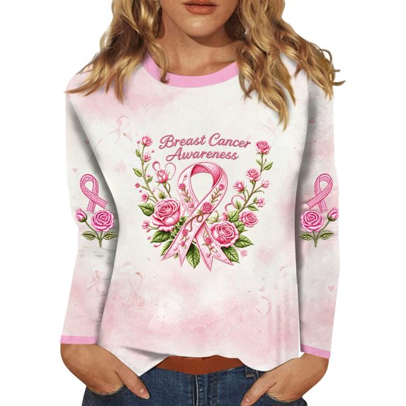 DORKASM Womens Breast Cancer Shirts Long Sleeve Cancer Survivor Shirts Crew Neck Pink Ribbon Lounge Gifts Tshirt Hope Love Wings Comfy Shirt Rose Gold L