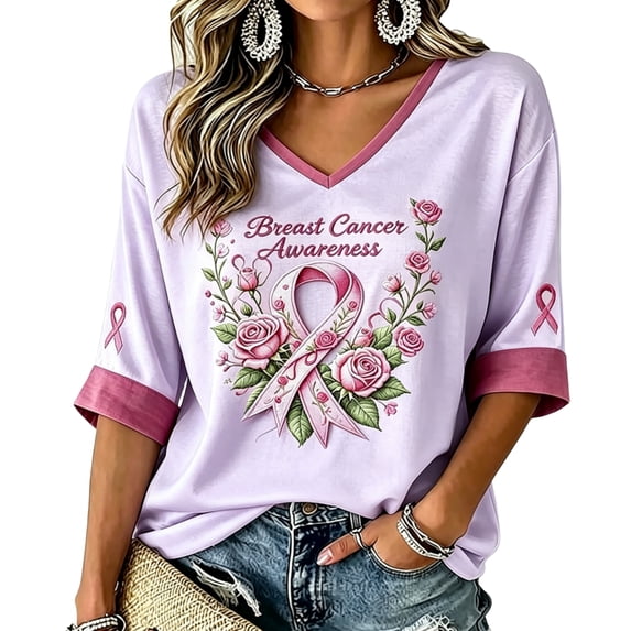DORKASM Womens Breast Cancer Shirts V Neck Breast Cancer Awareness Shirt 3/4 Sleeve Gifts Comfy Pink Ribbon Tshirt Cancer Survivor Comfy Tee Purple XL