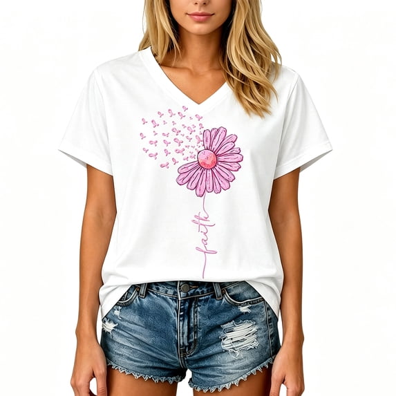 DORKASM Womens Breast Cancer Shirts V Neck Pink Ribbon Tee Short Sleeve Hope Love Wings Comfy Cancer Survivor Tops Breast Cancer Awareness Trendy Tshirt White XL