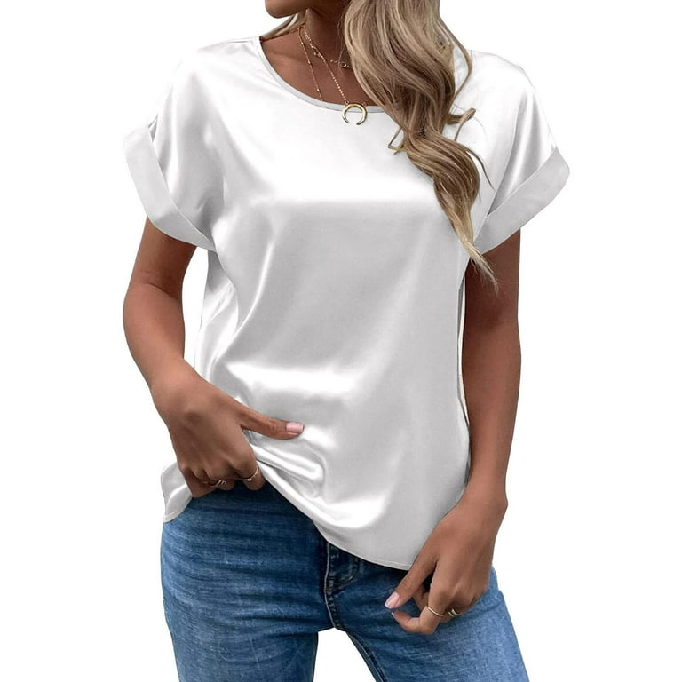DORKASM Womens Flowy Blouses Short Sleeve Satin Silk T Shirts Clearance  Clothes Hide Belly V neck Spring Clothes Loose Fit Tops for Spring Wine XL