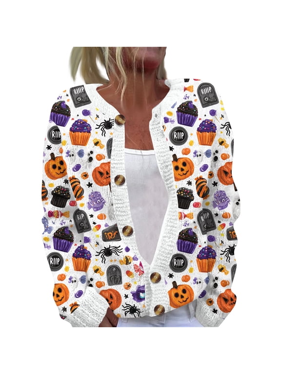 Womens Halloween Cardigans V Neck Spider Coats Long Sleeve Ghost Knit Sweater Fall Winter Ghost Graphic Fashion Cardigans Purple 3XL