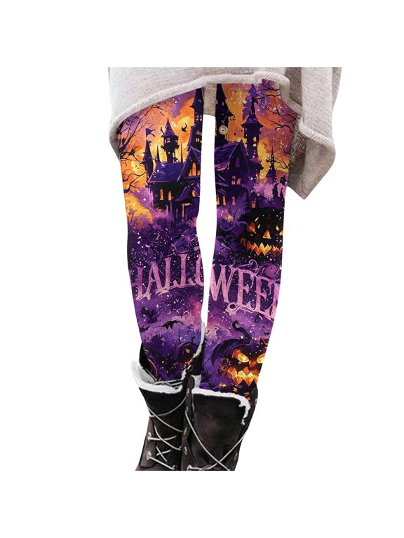 Womens Halloween Leggings High Waist Slim Fit Pumpkin Yoga Pants Skeleton Witch Trousers Spider Fashion Fall Leggings Purple Pink 2XL