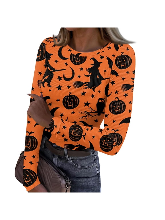 Womens Halloween Shirts Long Sleeve Pumpkin Lounge Tops Crew Neck Funny Print Spooky 2026 T Shirt Ghost Graphic Fall Winter Trendy Pullover Orange L