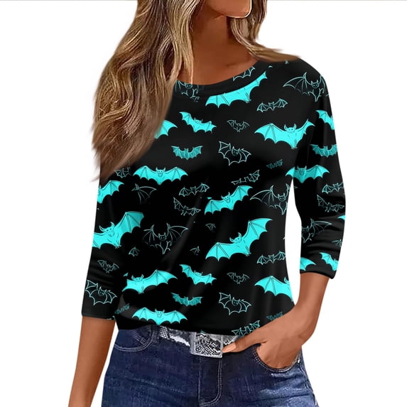 DORKASM Womens Halloween T Shirt 3/4 Sleeve Crew Neck Spider Pumpkin Spooky T Shirt 2026 Skeleton Bat Funny Tops Graphic Witch Clothes Green 2XL