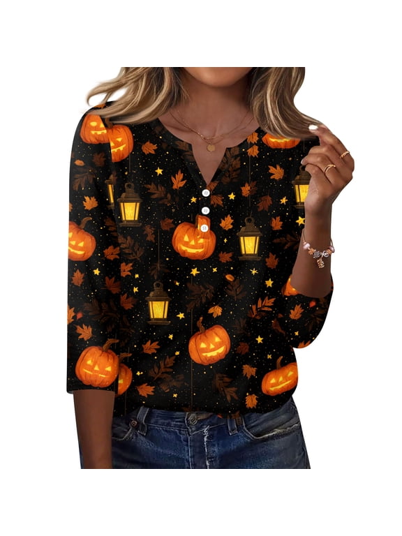 Womens Halloween T-Shirt V Neck Loose Fit Skeleton Shirts 3/4 Sleeve Funny Print Ghost Casual Tops Bat Comfy Witch Tee Gold 2XL