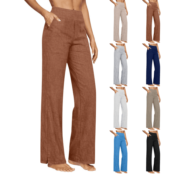 DORKASM Womens Linen Pants Straight Leg Causal Loose Fit Trousers High Waist Comfy Lounge 2026 Pants Vocation Trendy with Pockets Brown M