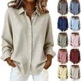 thumbnail image 1 of DORKASM Womens Linen Tops V Neck Lightweight Business Shirts Long Sleeve Button Down Plaid Fall Soft Tops 2026 Flowy Shirt Beige 2XL, 1 of 5