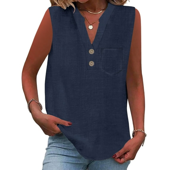 DORKASM Womens Linen Tops V Neck Loose Fit Lightweight Tshirt Sleeveless Solid Color Casual Vocation T-Shirts Button Down Flowy Summer Tank Tops Navy XL
