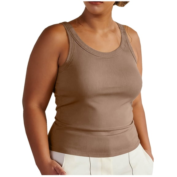 DORKASM Womens Plus Size Tank Tops with Built in Bras Camisole Tops 2026 Trendy Summer Casual Ribbed Sleeveless Shirts Coffee L