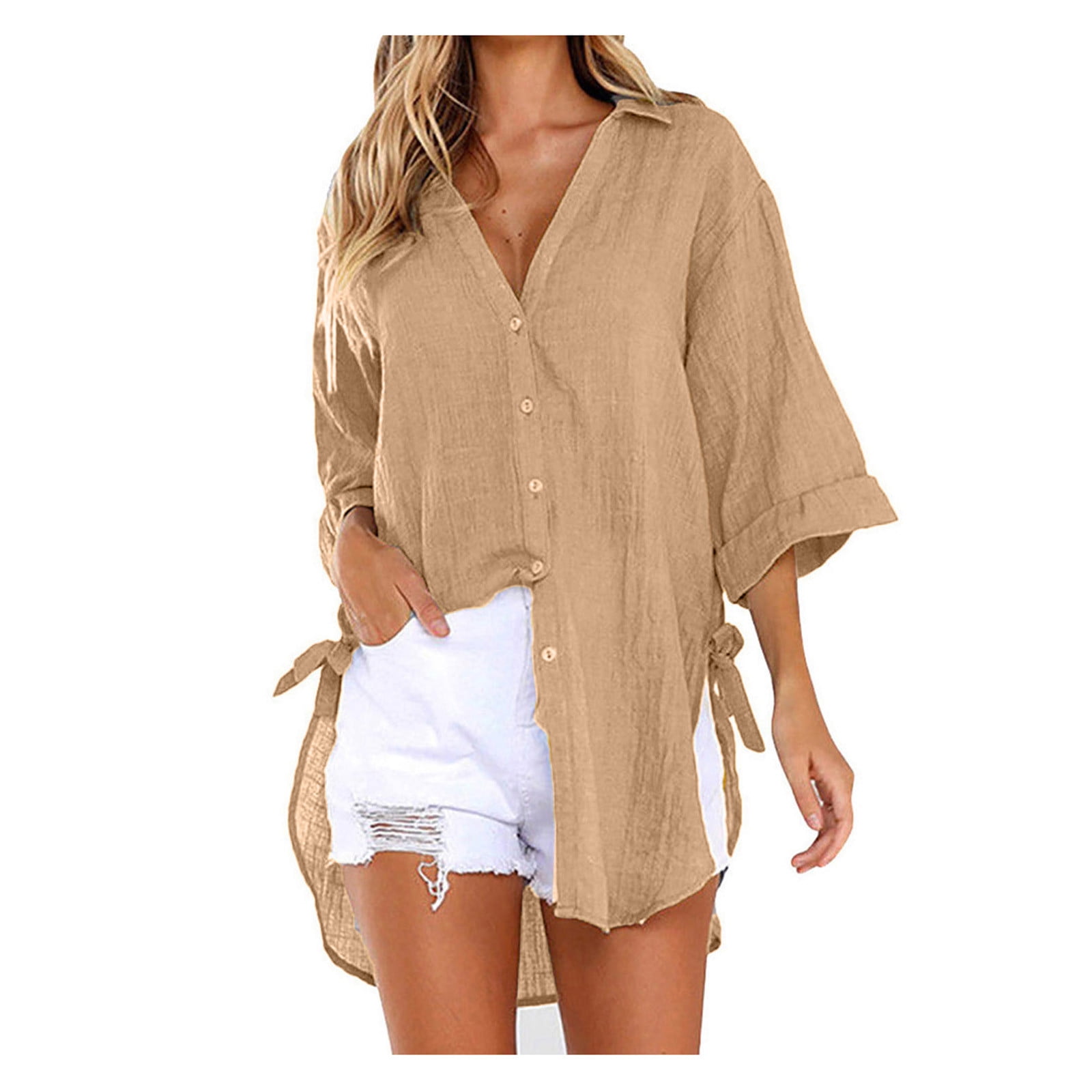 DORKASM Womens Plus Summer Tops cotton line High Low Long Sleeve