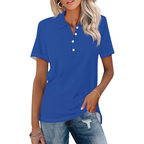 DORKASM Womens Polo Shirts Short Sleeve Button Lapel Collared Summer Tops Business Casual Basic Tees Blue 2XL