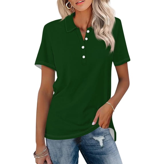 DORKASM Womens Polo Shirts Short Sleeve Button Lapel Collared Summer Tops Business Casual Basic Tees Dark Green M