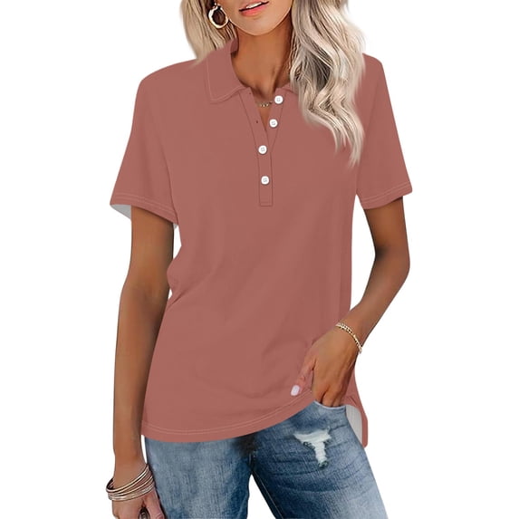 DORKASM Womens Polo Shirts Short Sleeve Button Lapel Collared Summer Tops Business Casual Basic Tees Pink L